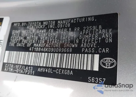 2009 Toyota Camry Hybrid z USA, uszkodzony, nr VIN 4T1BB46K09U089668